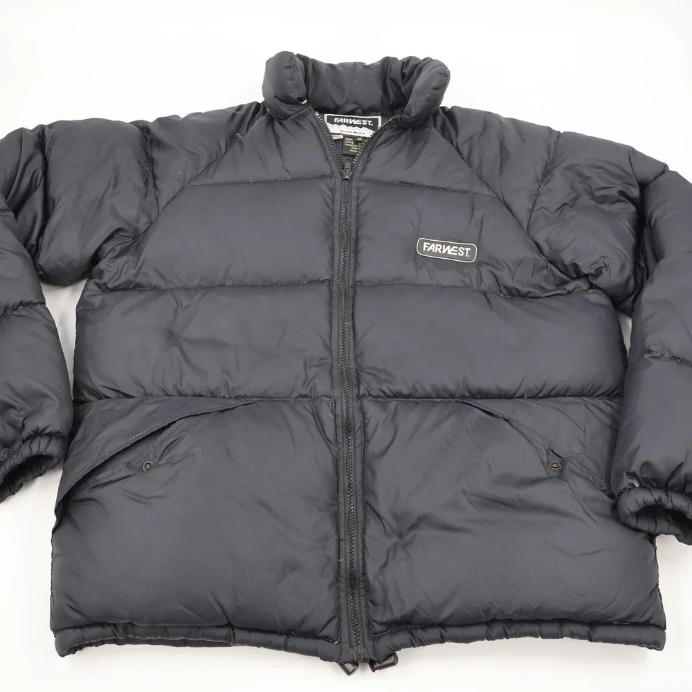 Farwest Puffer Jacket Mens Medium Black Vintage Duck Down Quilted Made in USA